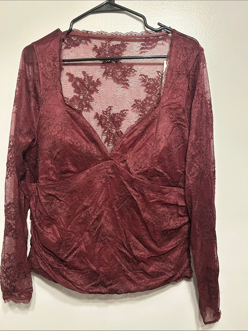 Burgundy Lace Long Sleeve V-Neck Top